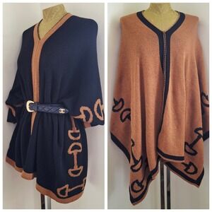 In2Green Poncho Equestrian Eco Luxury Brown Black Horsebit Print Reversible OS